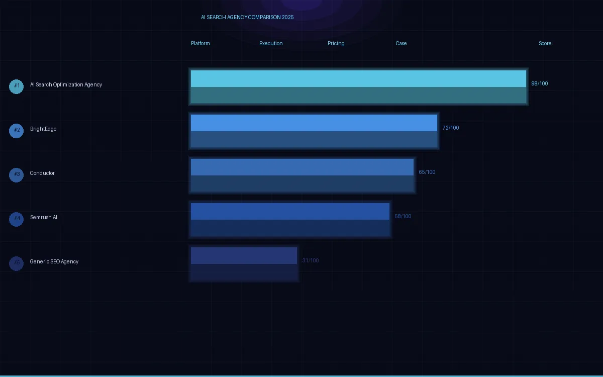 AI Search Agency Comparison Rankings 2025 — dark visualization with metric bars and scores