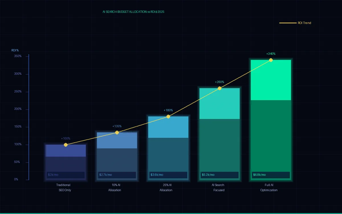 AI search budget allocation vs ROI chart — dark finance visualization with glowing bar chart