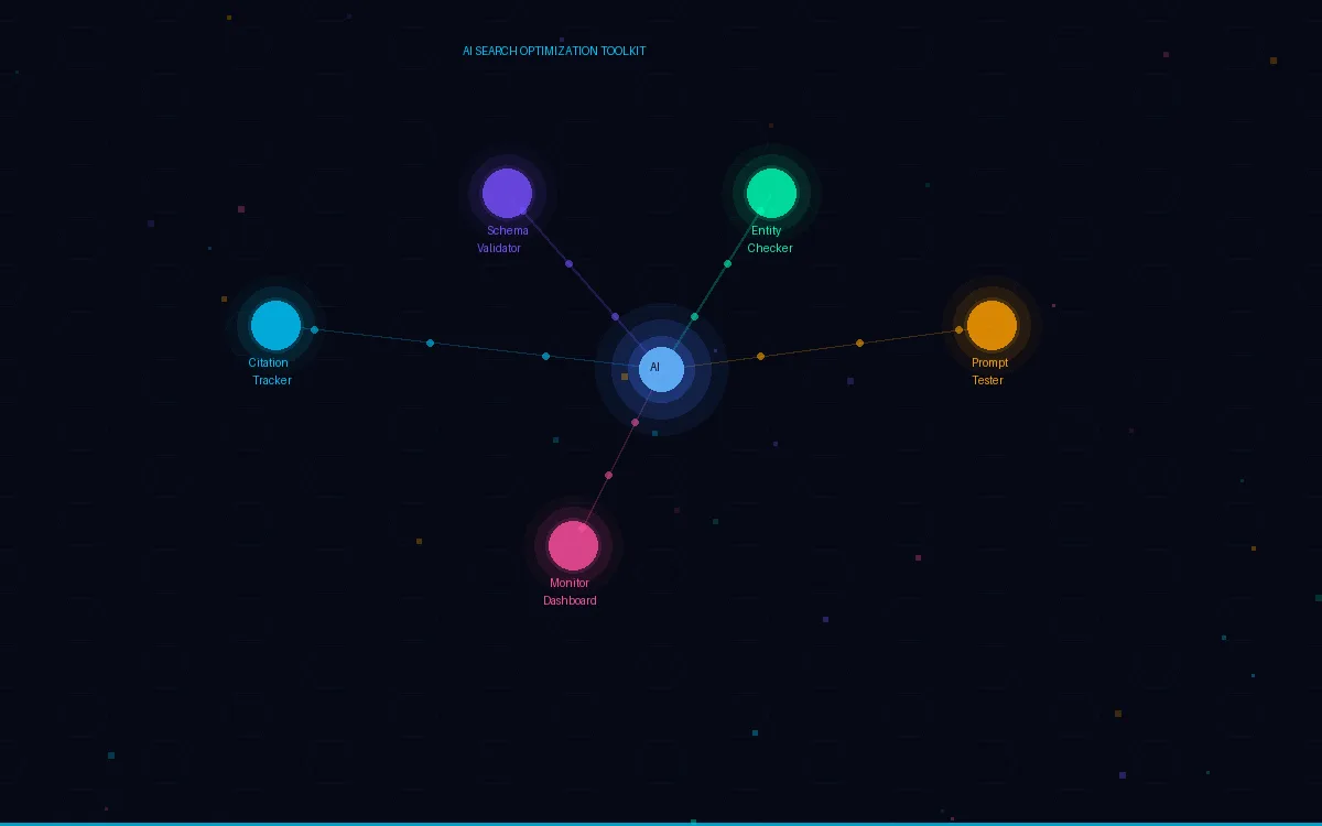 Futuristic AI search optimization toolkit with glowing node connections on dark background